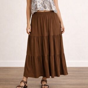 Indero Brown Tiered Maxi Skirt Bohemian Boho Festival Casual Cottagecore